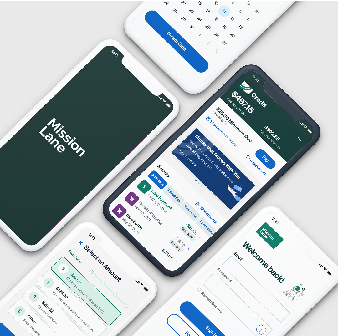 Mission Lane Mobile App showing multiple screens including payment interface, login screen, and account management